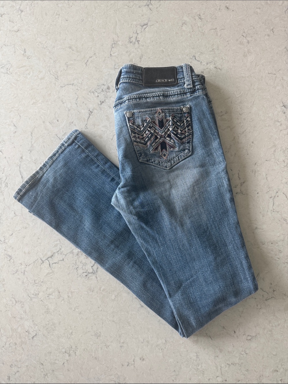 Grace in LA Women's size 28 Light Blue Boot Cut Jeans with Embroidered Pockets